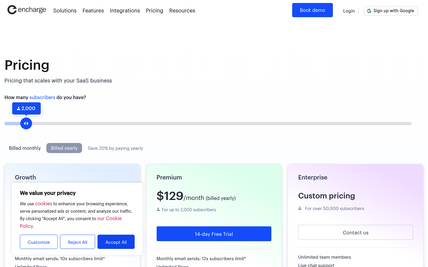 Screenshot of Encharge's pricing page showing its plans and prices