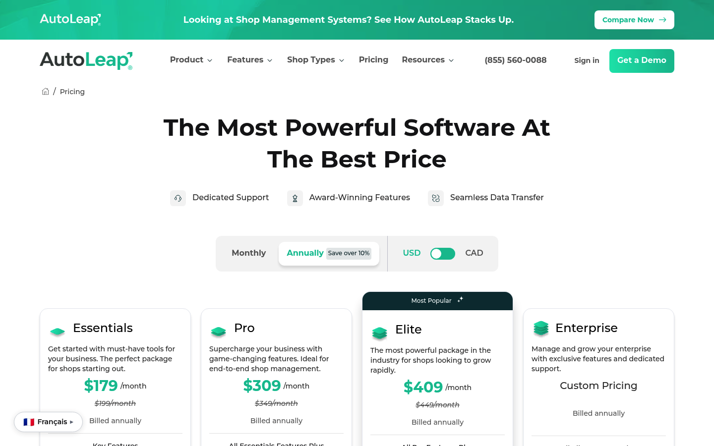 Screenshot of AutoLeap's pricing page showing its plans and prices