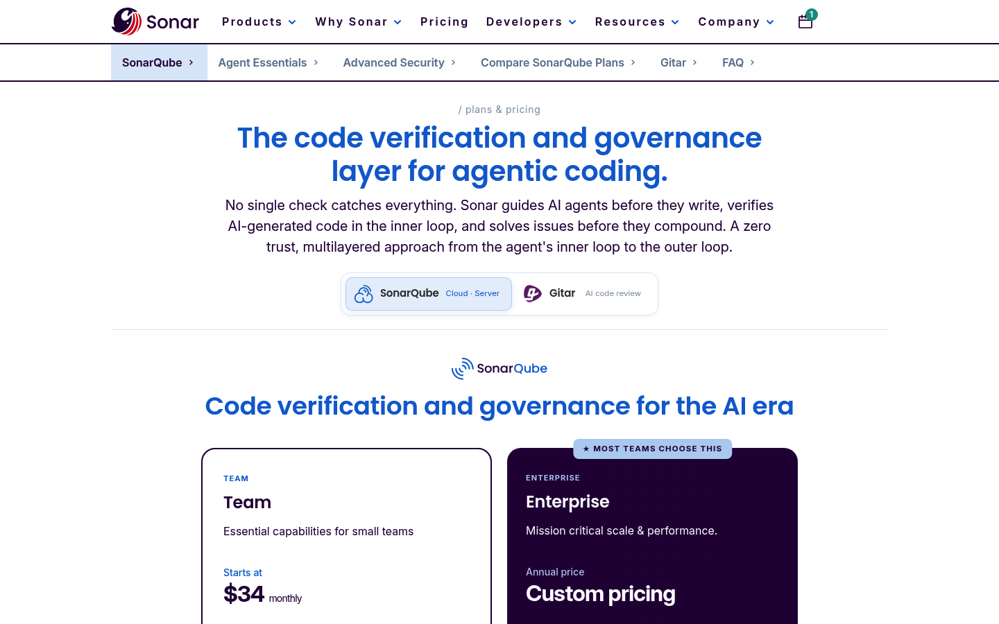 Screenshot of SonarQube's pricing page showing its plans and prices