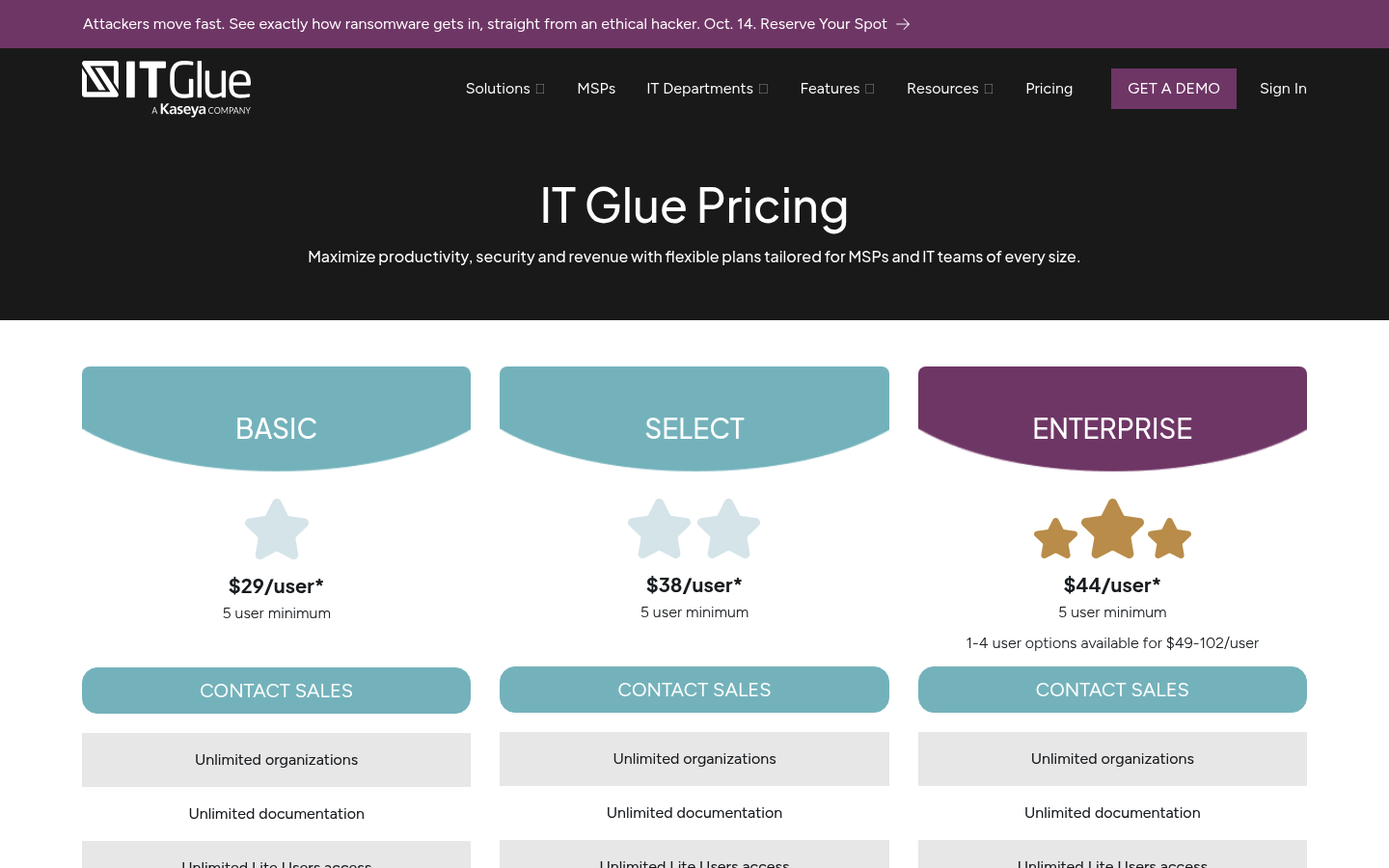 Screenshot of IT Glue's pricing page showing its plans and prices