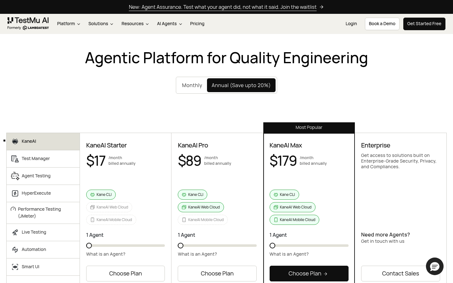 Screenshot of LambdaTest's pricing page showing its plans and prices
