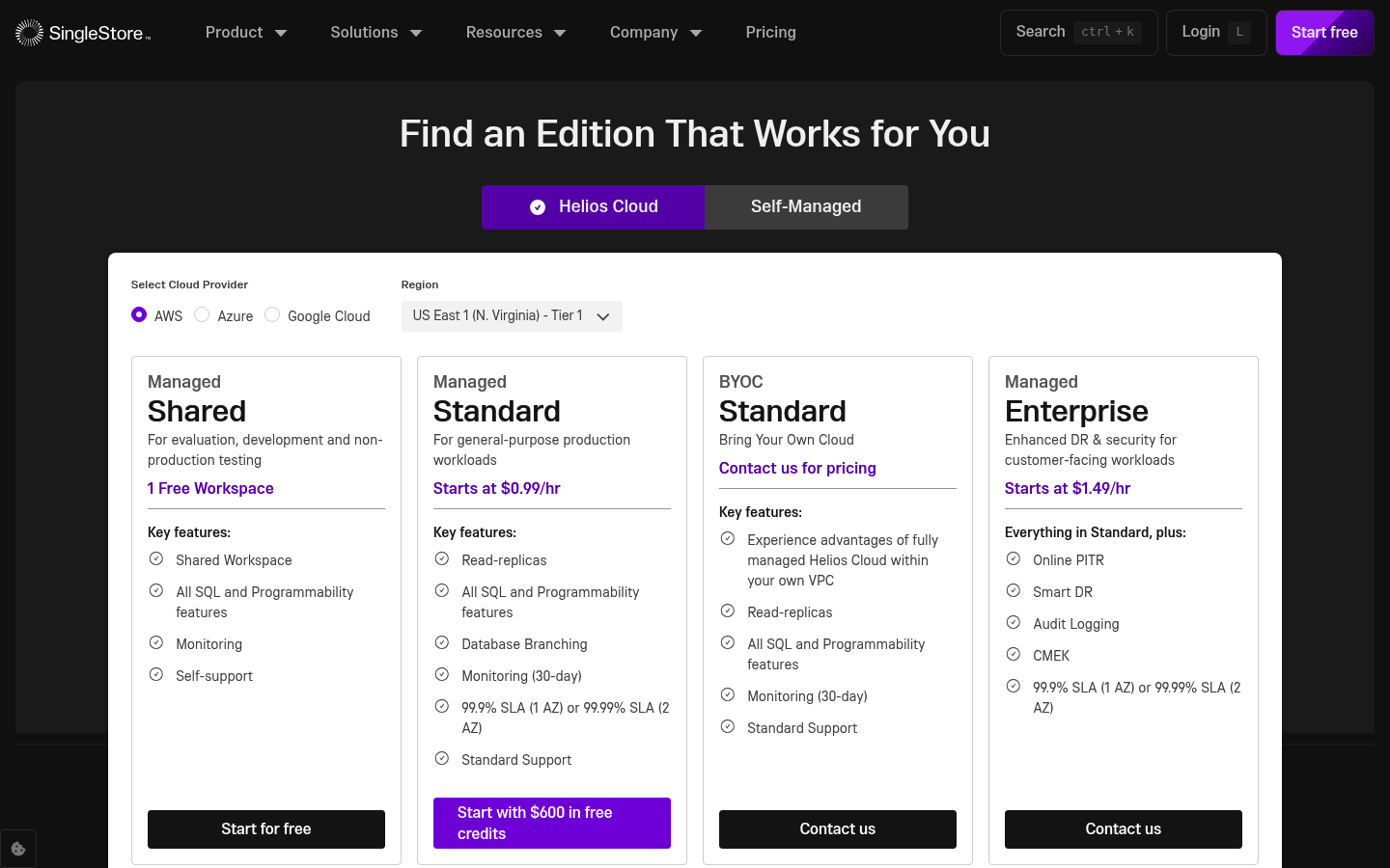 Screenshot of SingleStore's pricing page showing its plans and prices