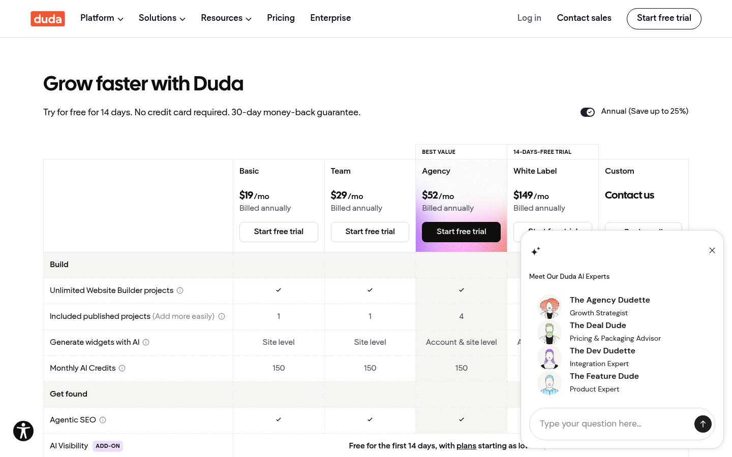 Screenshot of Duda's pricing page showing its plans and prices