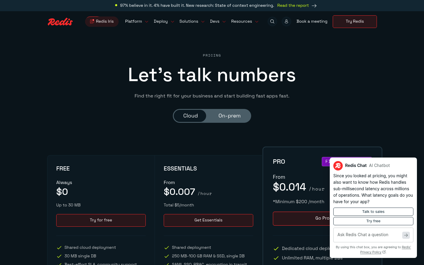 Screenshot of Redis Cloud's pricing page showing its plans and prices
