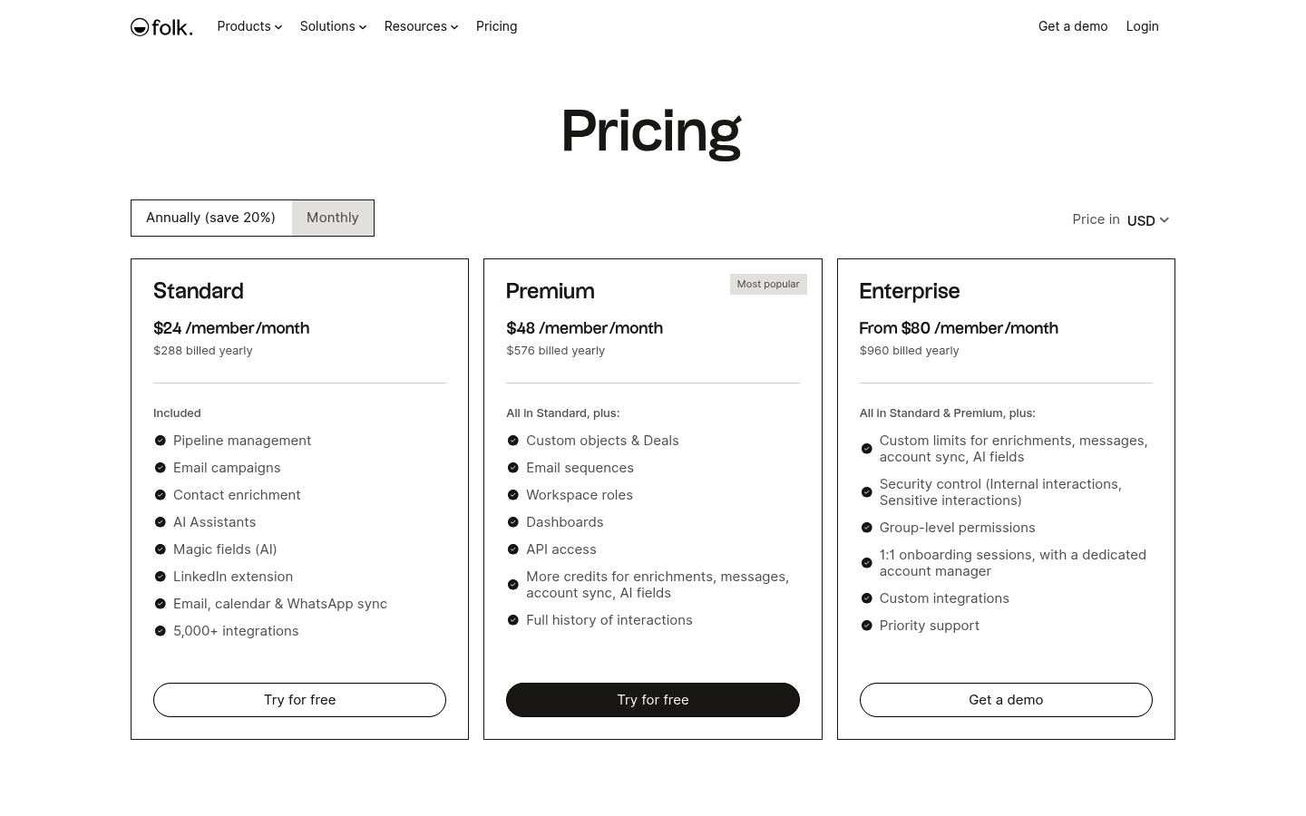 Screenshot of folk's pricing page showing its plans and prices