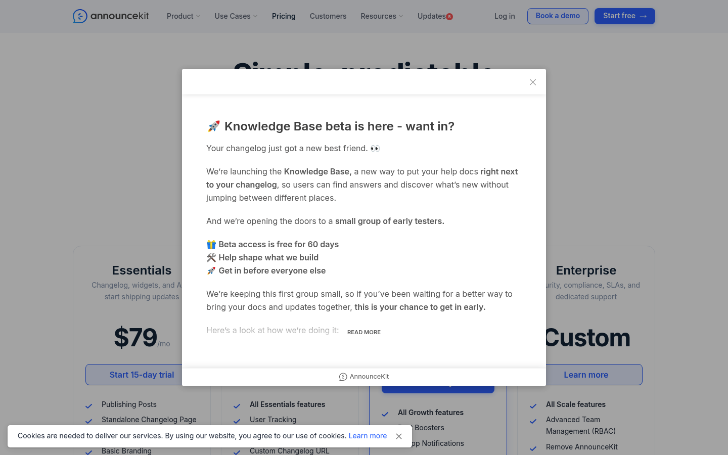 Screenshot of AnnounceKit's pricing page showing its plans and prices