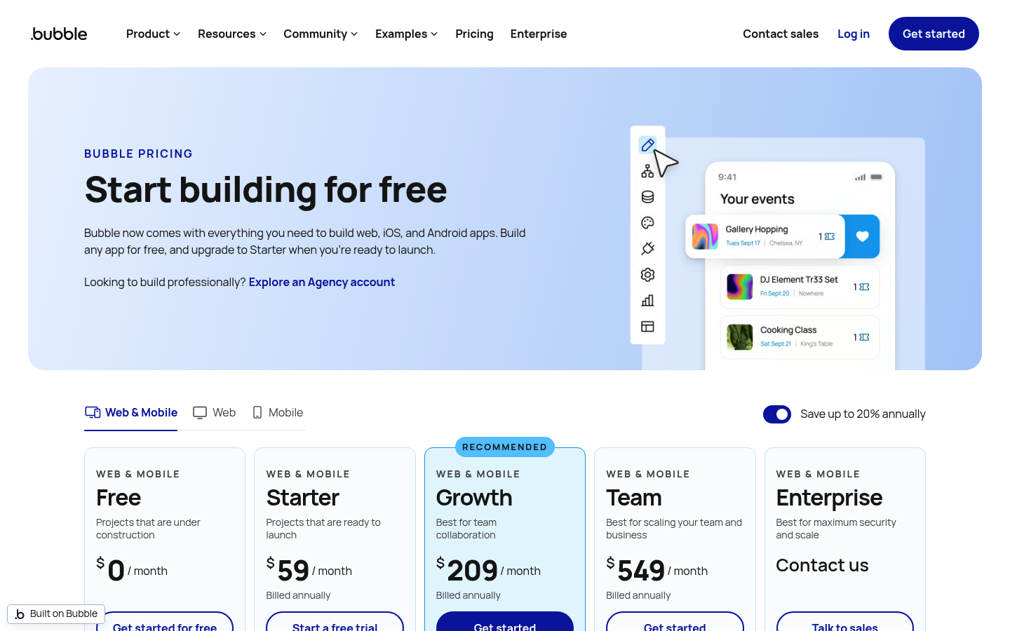 Screenshot of Bubble's pricing page showing its plans and prices