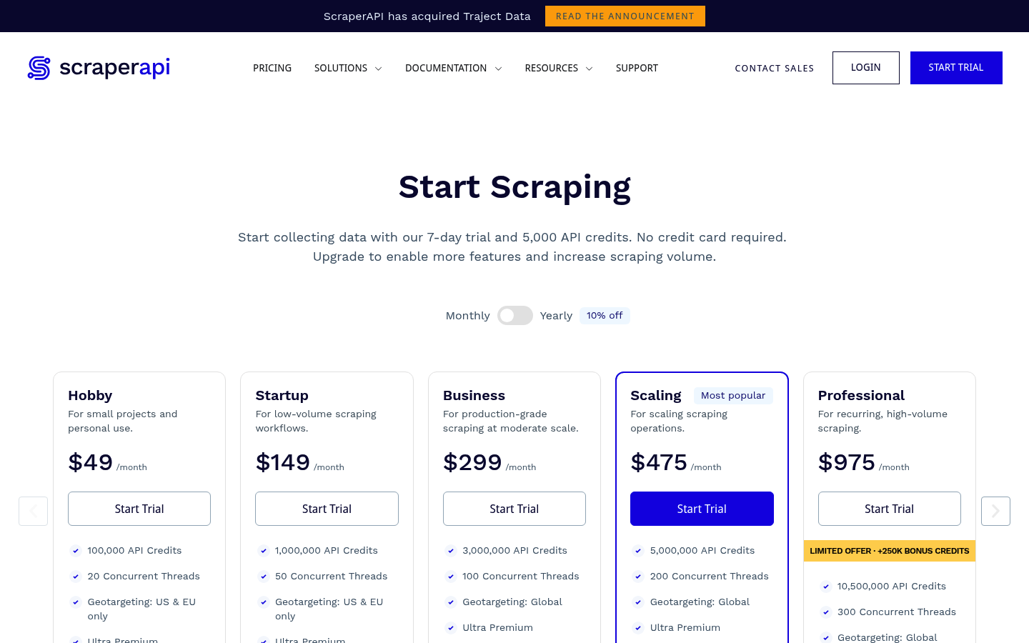 Screenshot of ScraperAPI's pricing page showing its plans and prices