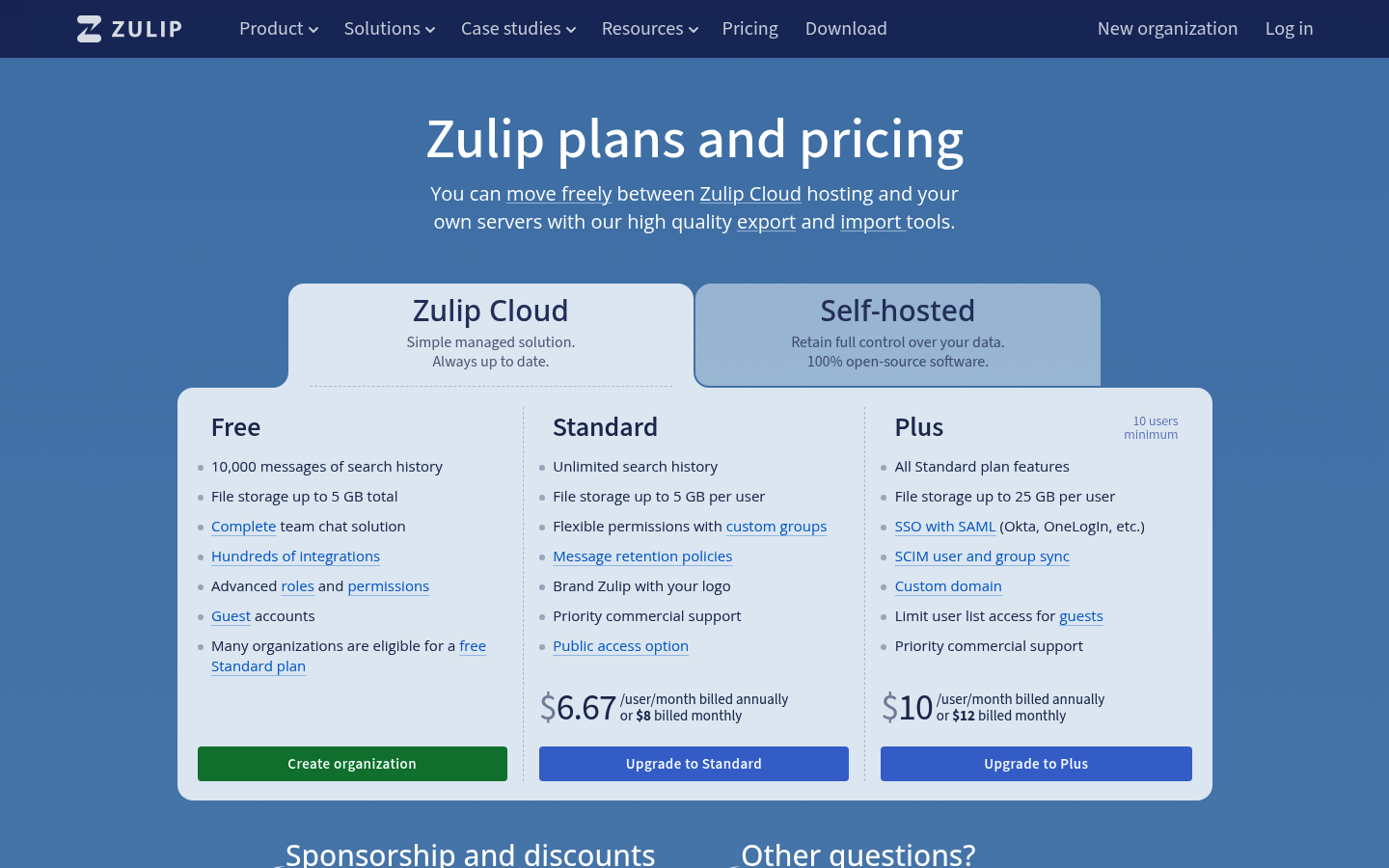 Screenshot of Zulip's pricing page showing its plans and prices