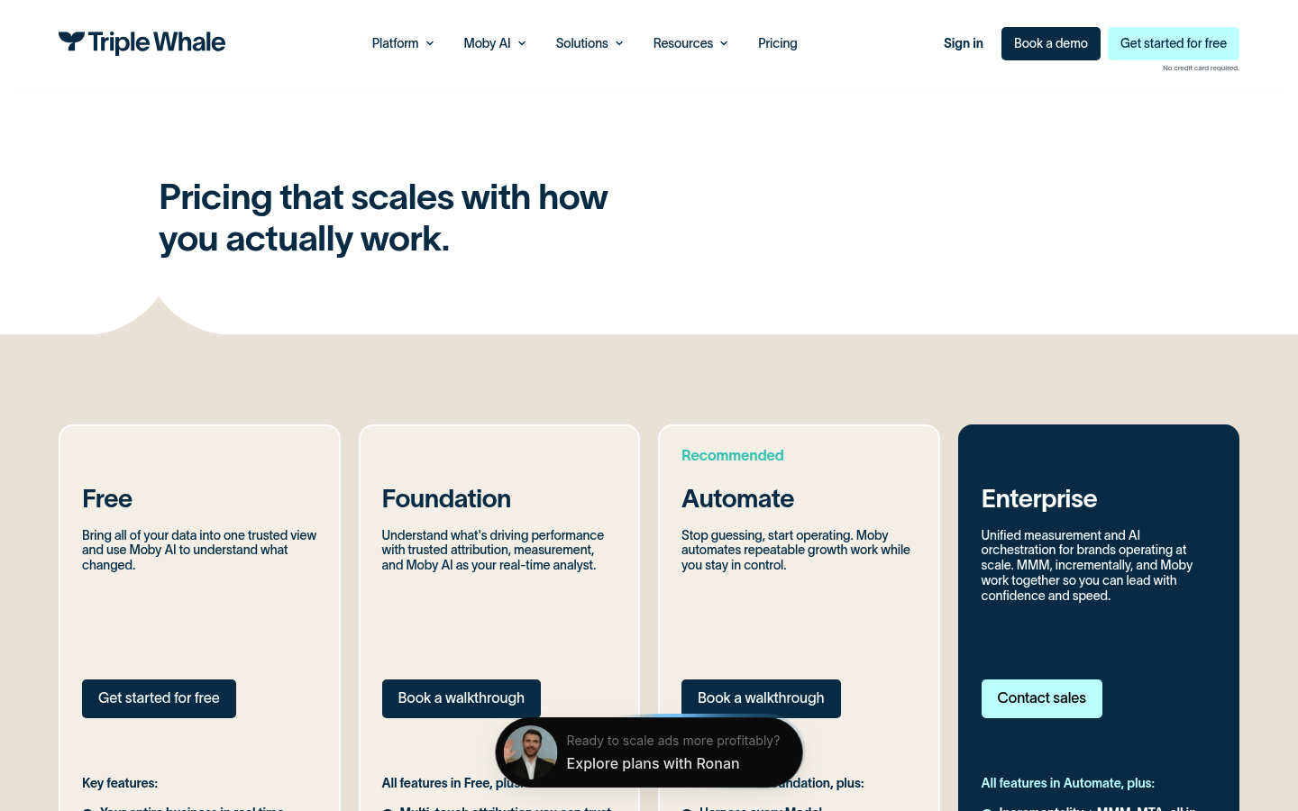 Screenshot of Triple Whale's pricing page showing its plans and prices