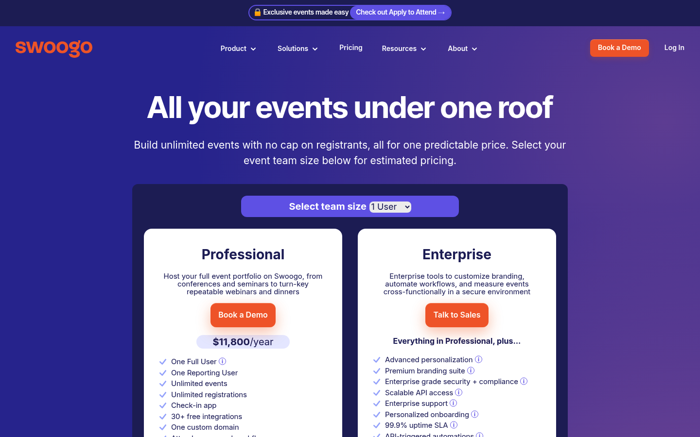 Screenshot of Swoogo's pricing page showing its plans and prices
