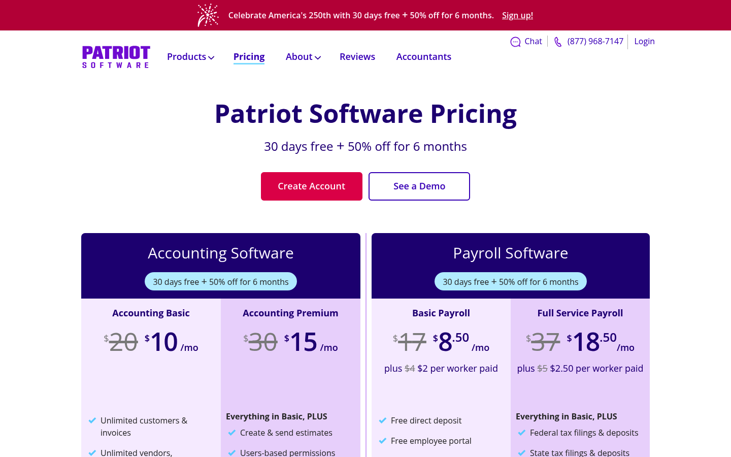 Screenshot of Patriot Software's pricing page showing its plans and prices