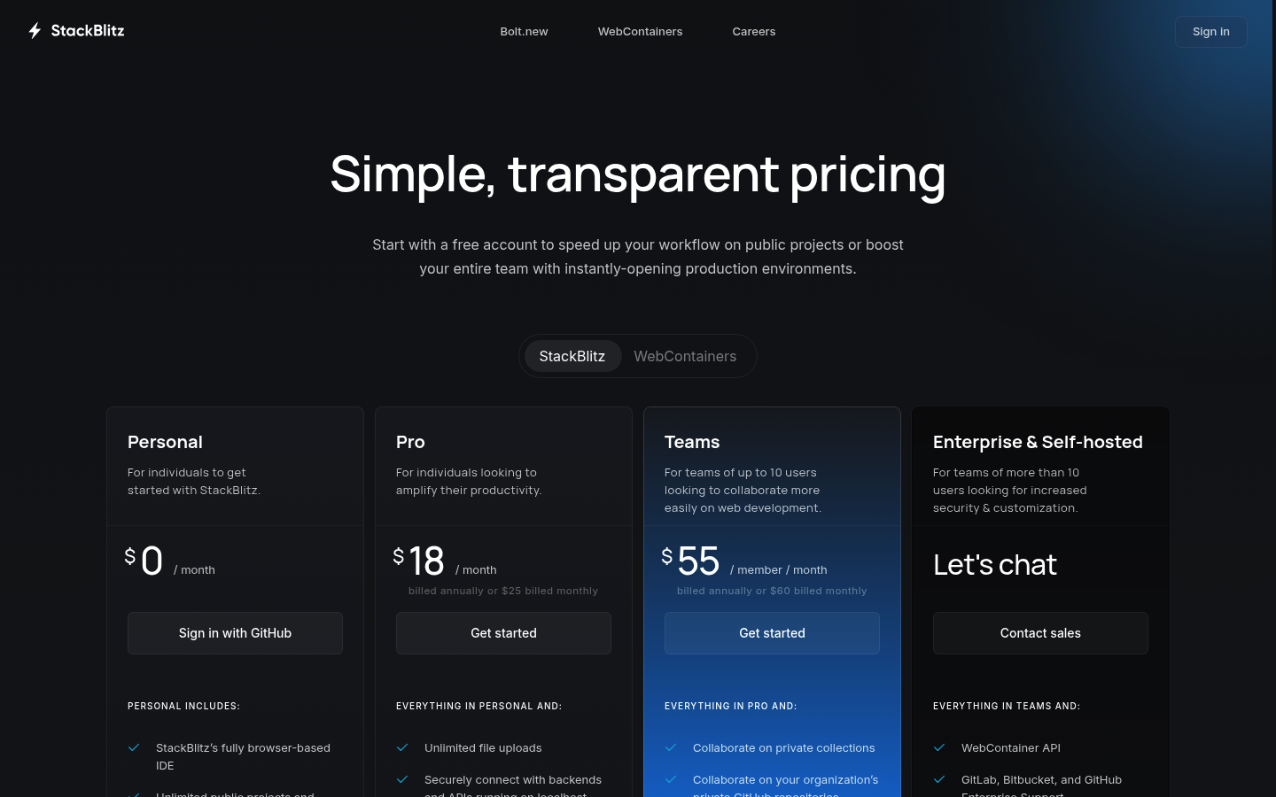 Screenshot of StackBlitz's pricing page showing its plans and prices