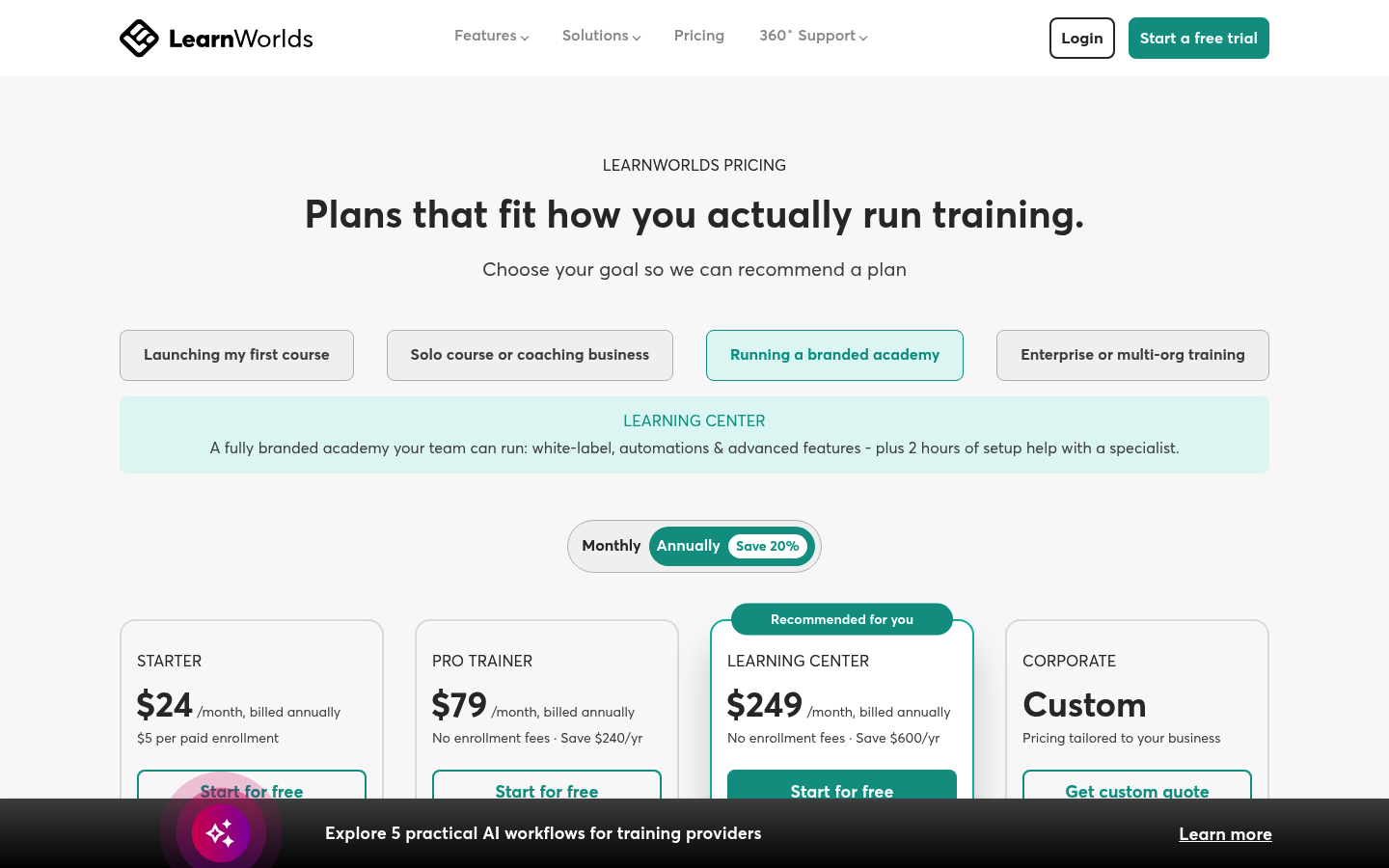 Screenshot of LearnWorlds's pricing page showing its plans and prices
