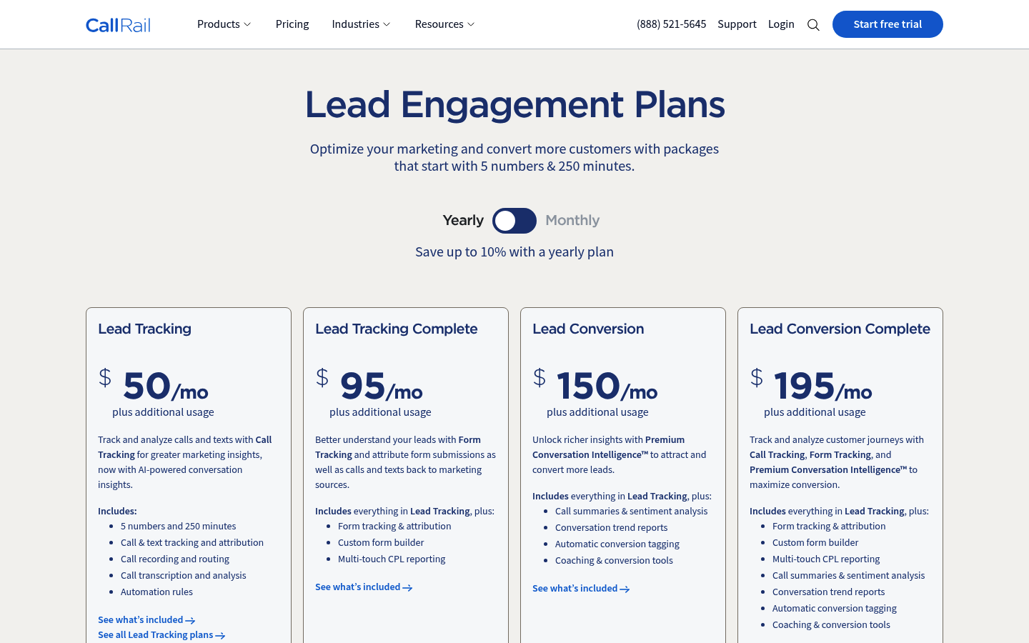 Screenshot of CallRail's pricing page showing its plans and prices