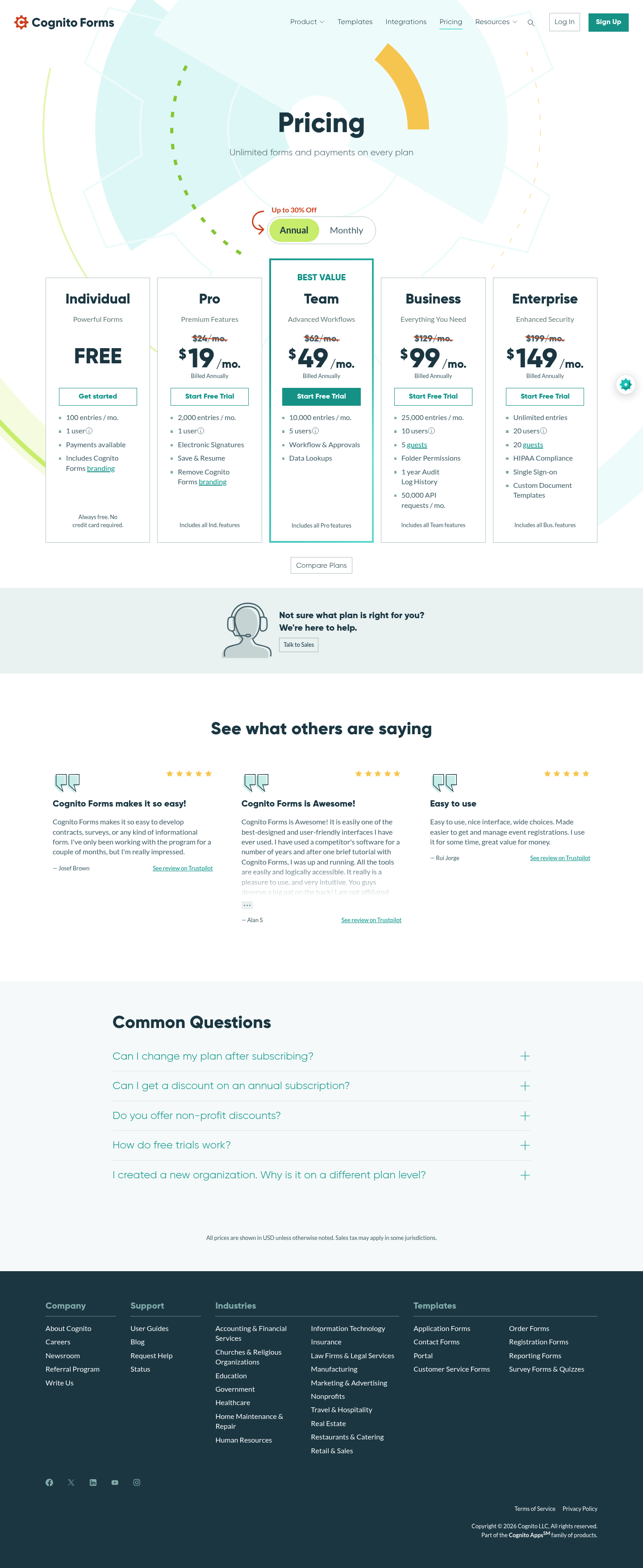 Screenshot of Cognito Forms's pricing page showing its plans and prices
