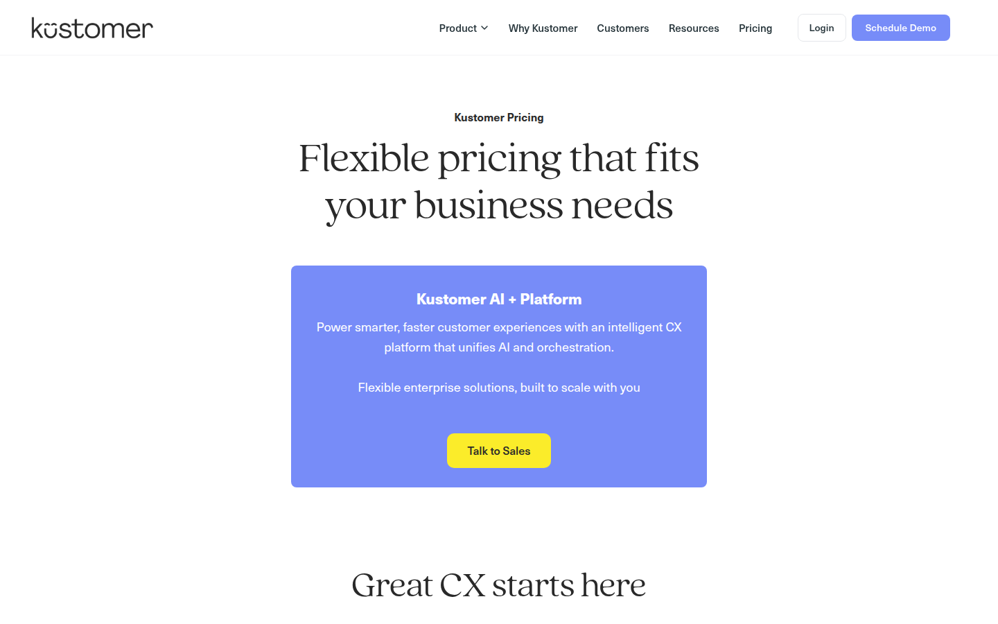 Screenshot of Kustomer's pricing page showing its plans and prices