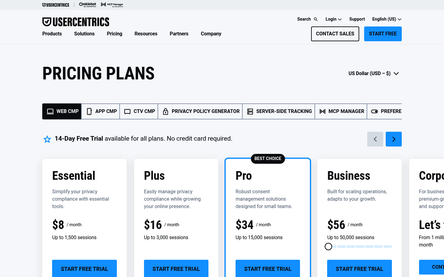 Screenshot of Usercentrics's pricing page showing its plans and prices