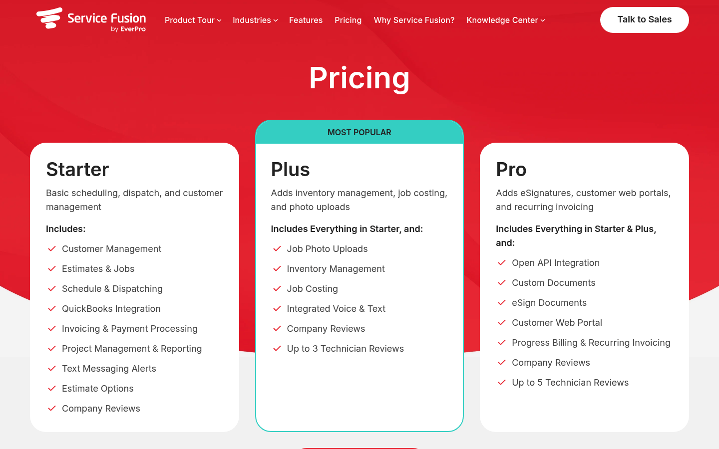 Screenshot of Service Fusion's pricing page showing its plans and prices