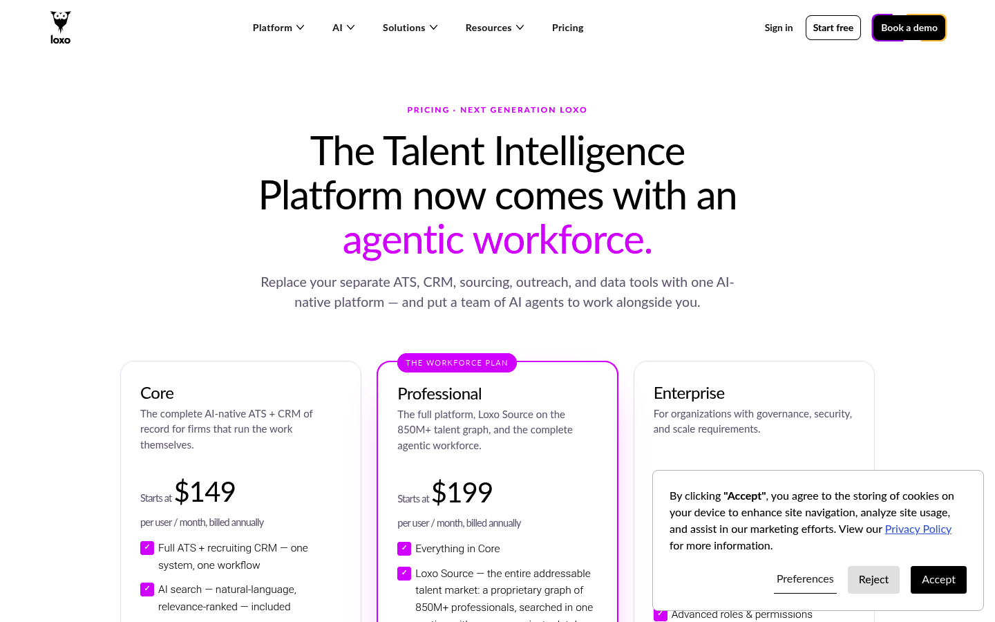 Screenshot of Loxo's pricing page showing its plans and prices