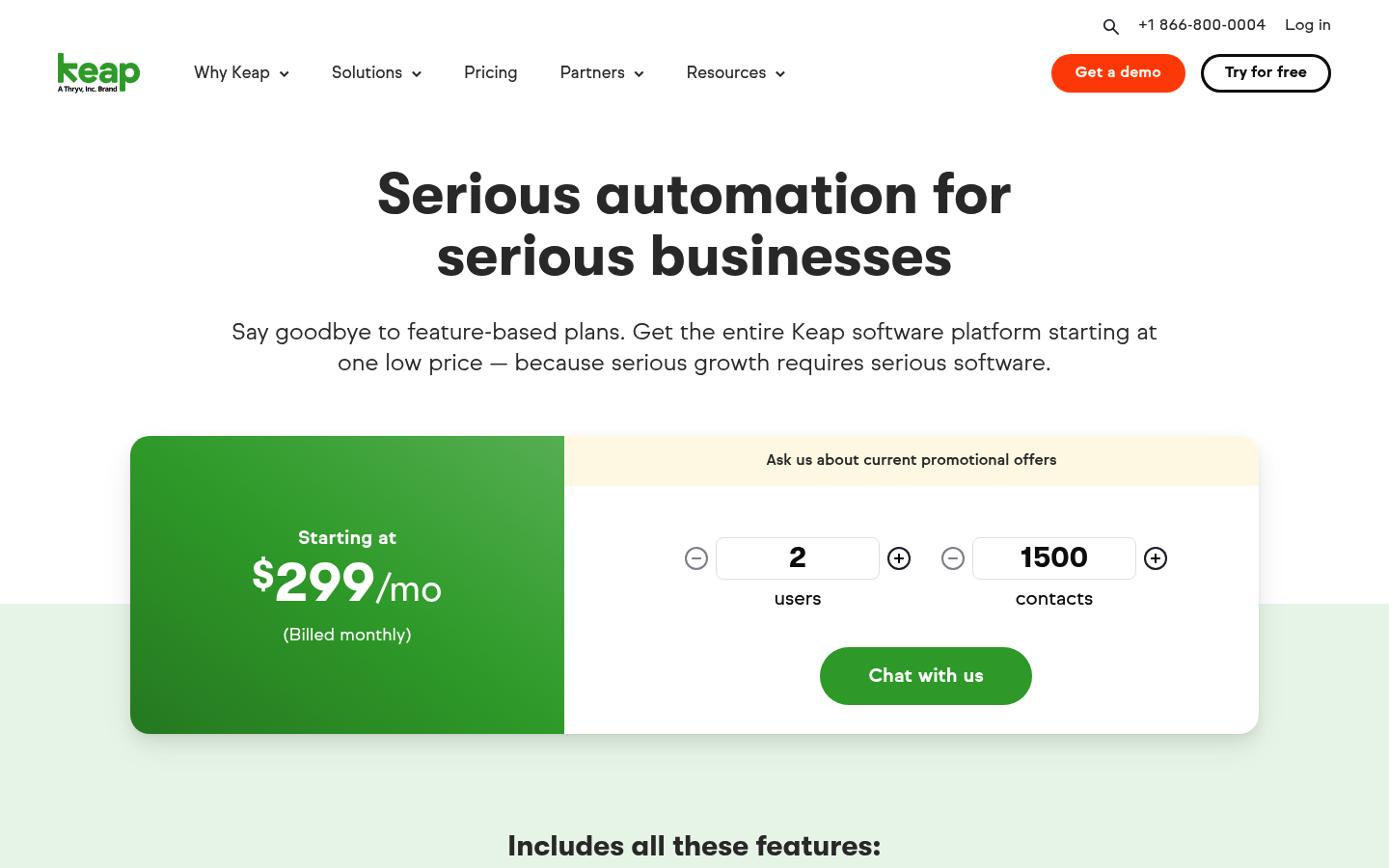 Screenshot of Keap's pricing page showing its plans and prices