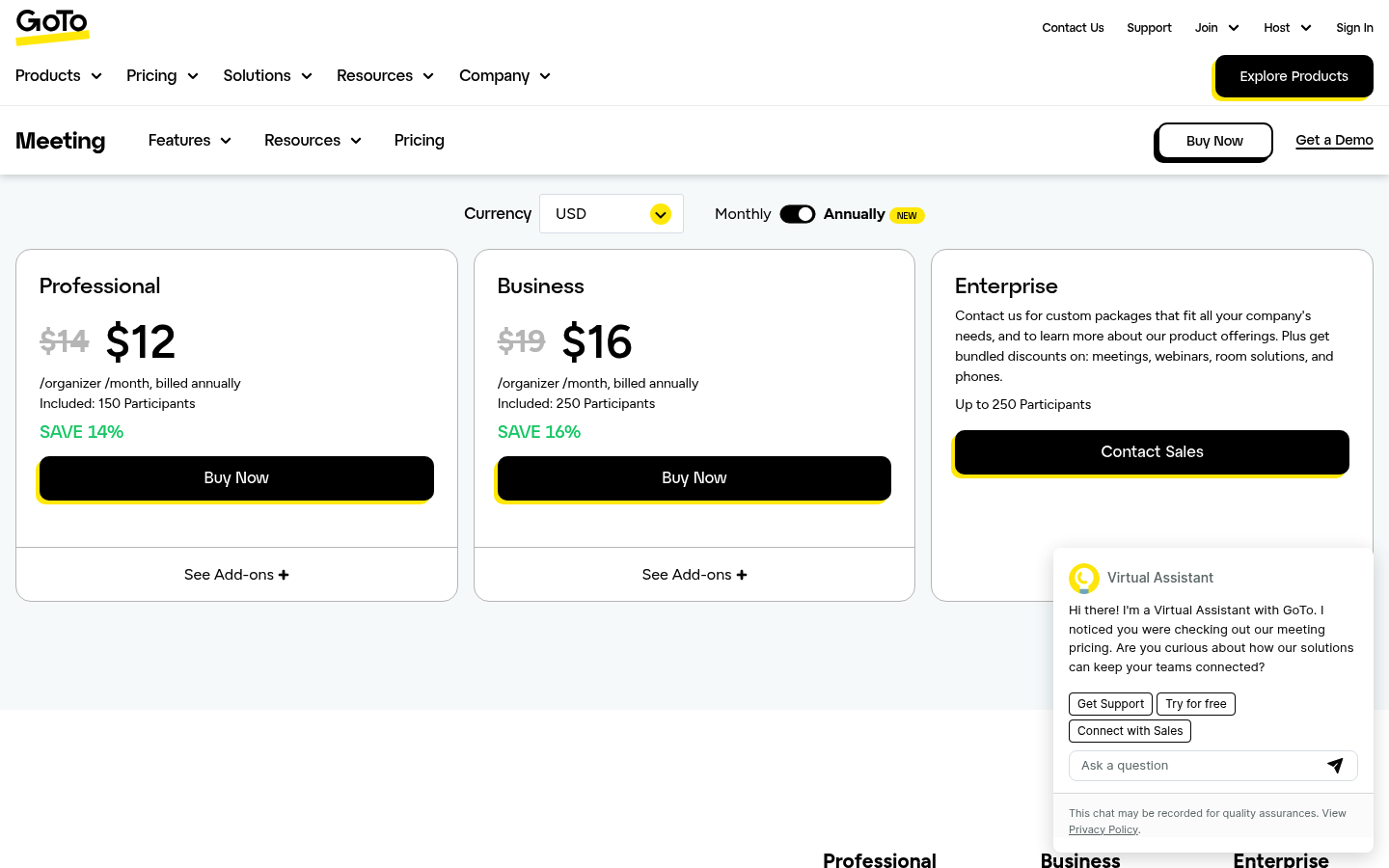 Screenshot of GoTo Meeting's pricing page showing its plans and prices