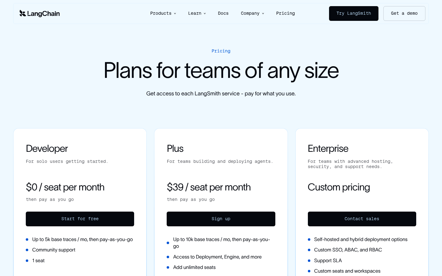 Screenshot of LangSmith's pricing page showing its plans and prices