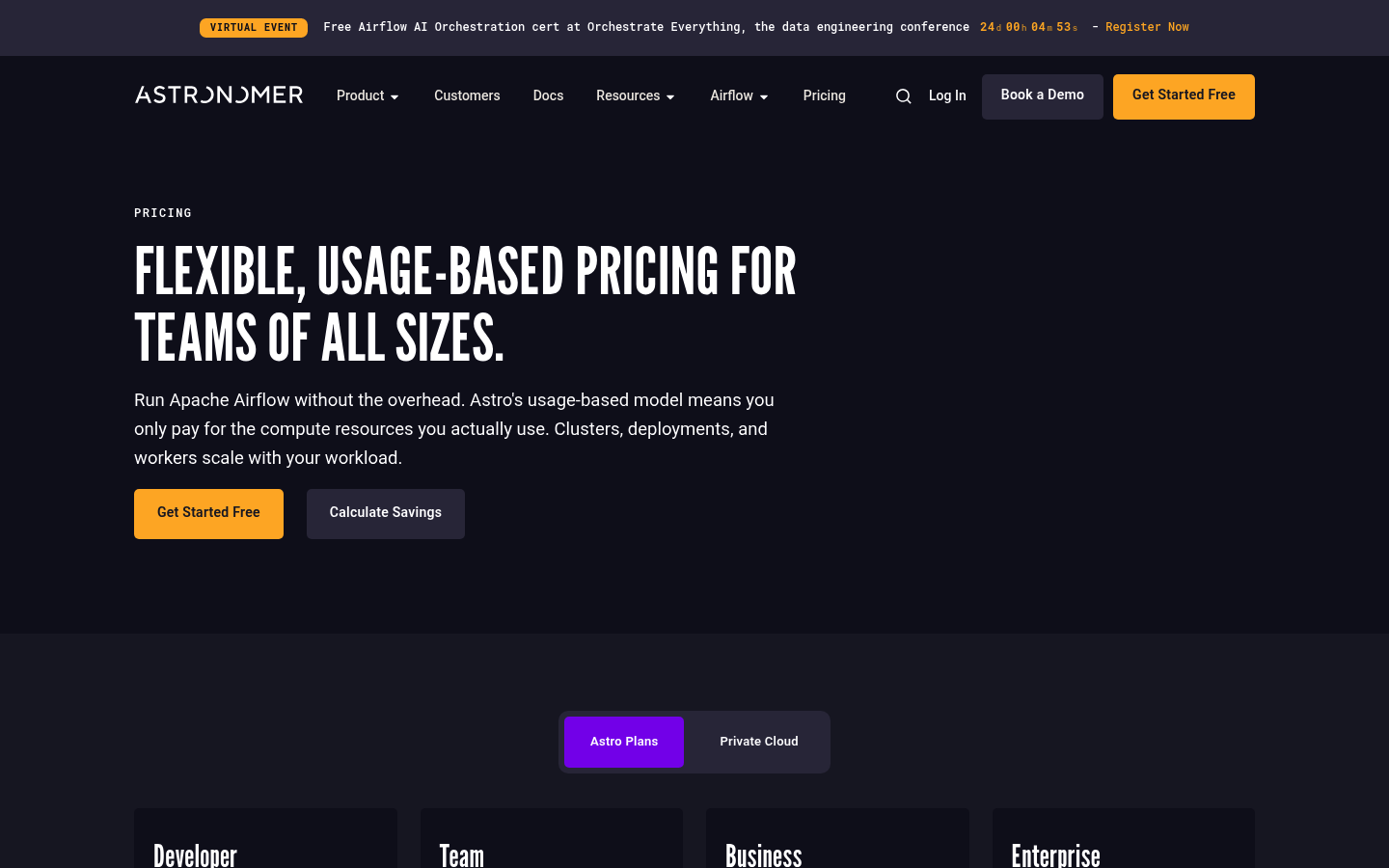 Screenshot of Astronomer's pricing page showing its plans and prices