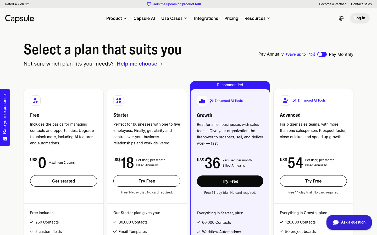Screenshot of Capsule's pricing page showing its plans and prices