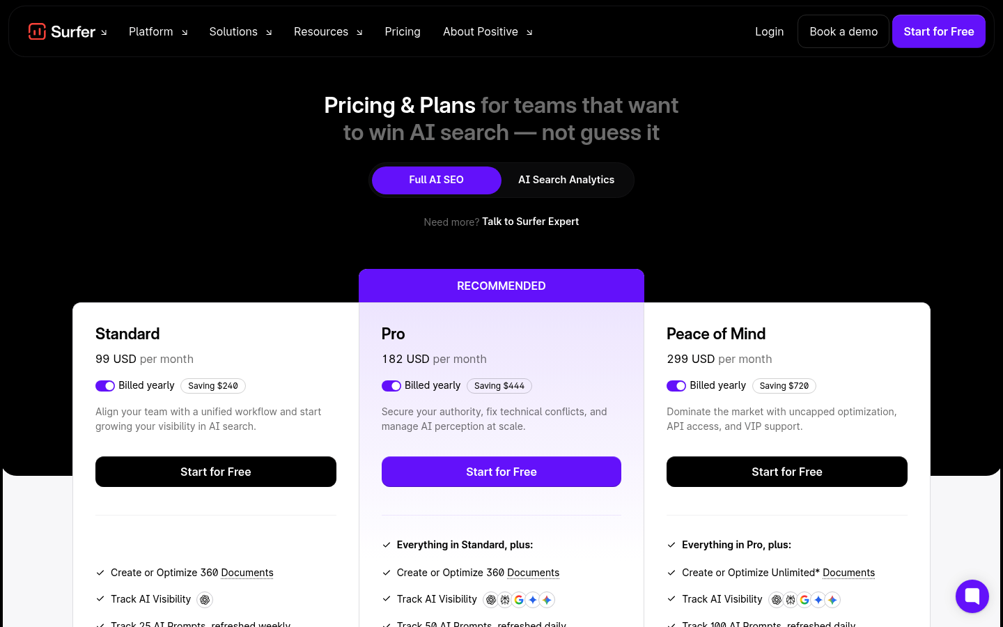 Screenshot of SurferSEO's pricing page showing its plans and prices