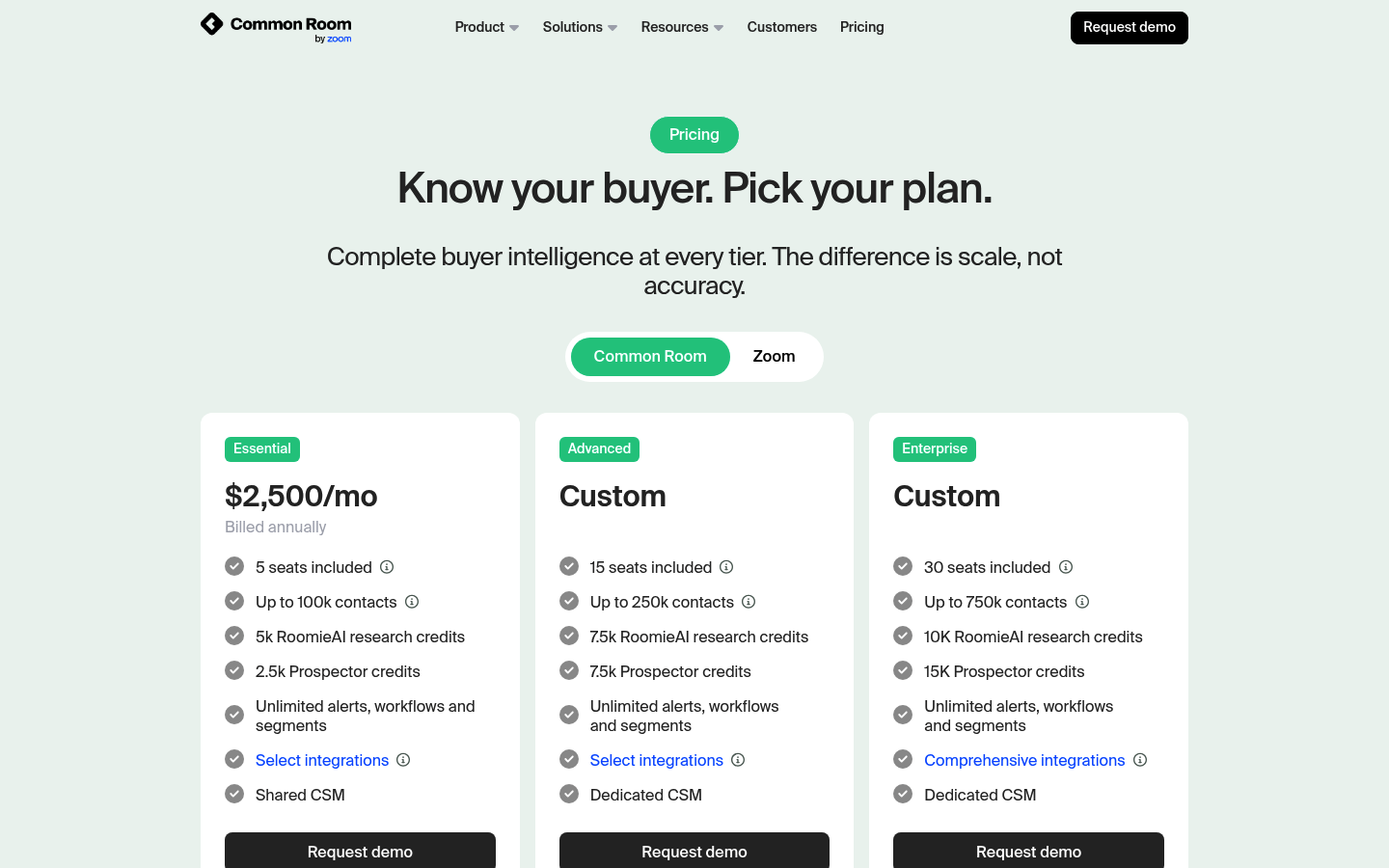 Screenshot of Common Room's pricing page showing its plans and prices