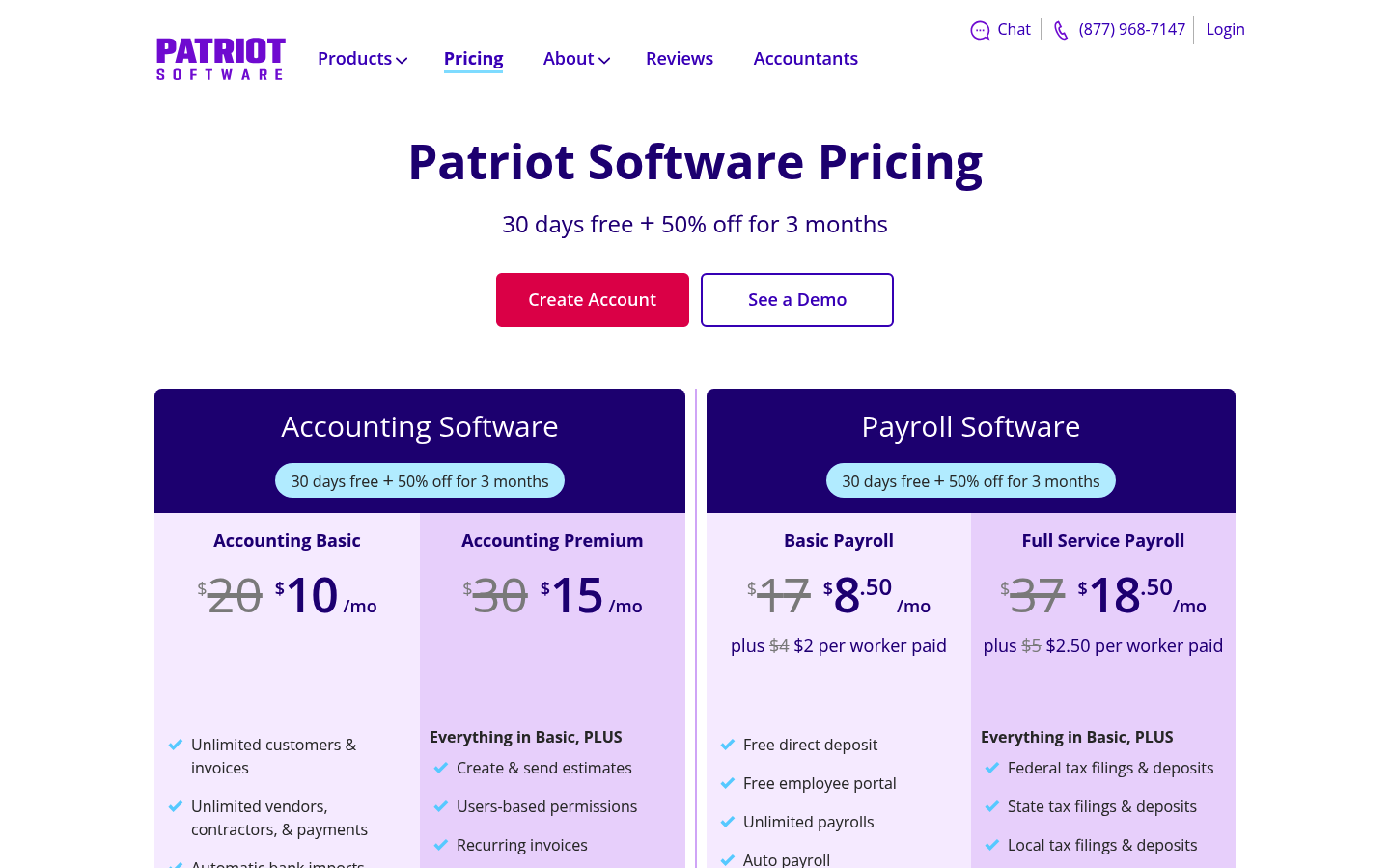 Screenshot of Patriot Software's pricing page showing its plans and prices