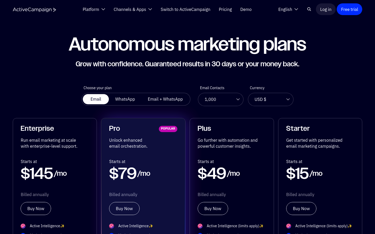 Screenshot of ActiveCampaign's pricing page showing its plans and prices