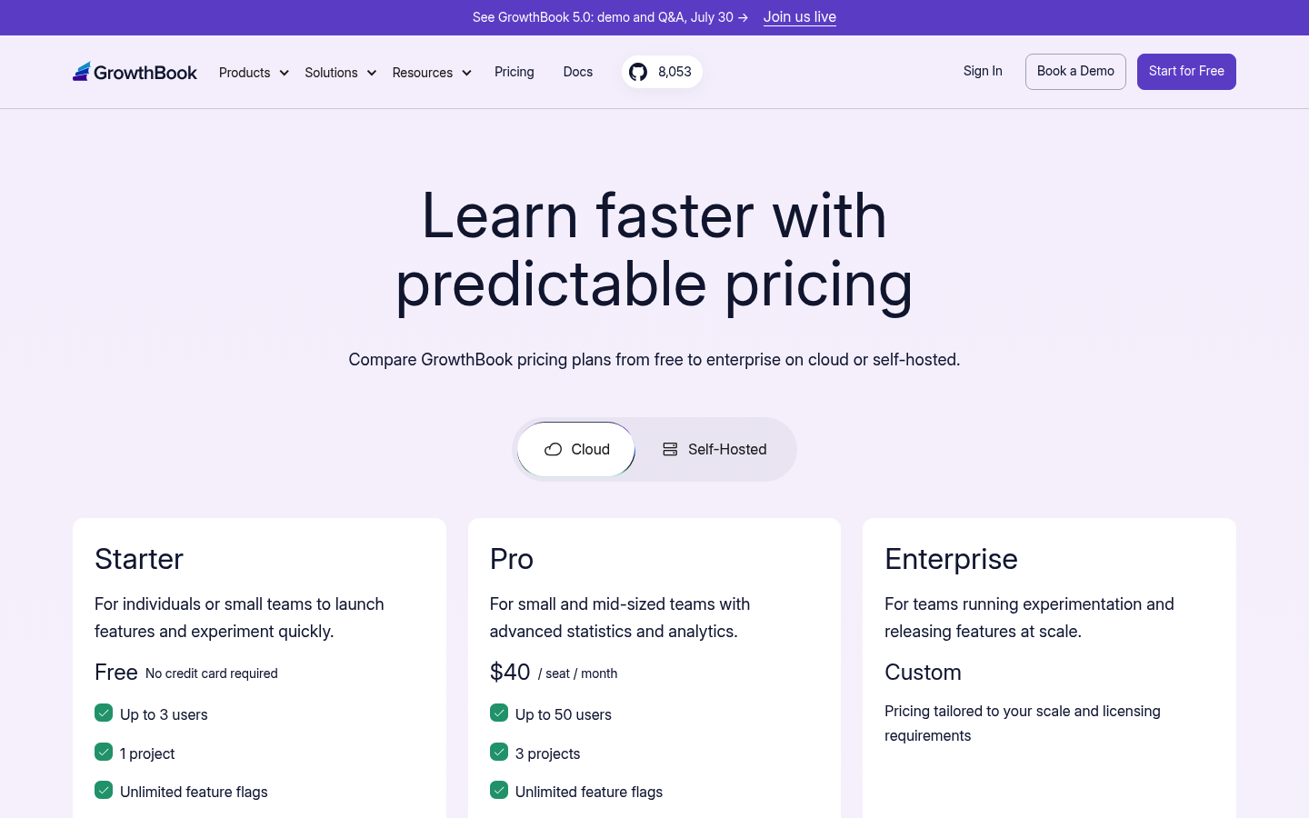 Screenshot of GrowthBook's pricing page showing its plans and prices
