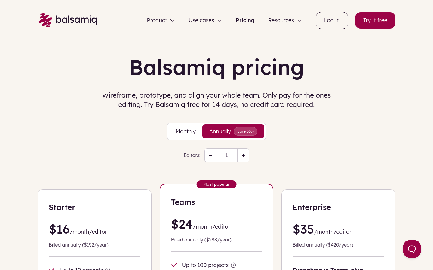 Screenshot of Balsamiq's pricing page showing its plans and prices