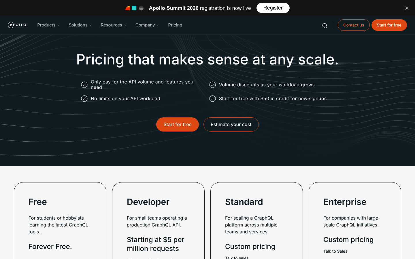 Screenshot of Apollo GraphQL's pricing page showing its plans and prices