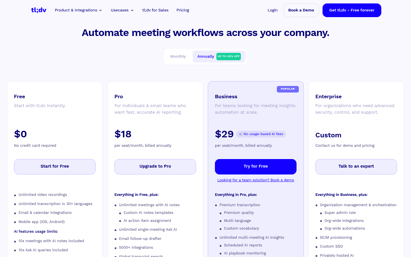 Screenshot of tl;dv's pricing page showing its plans and prices