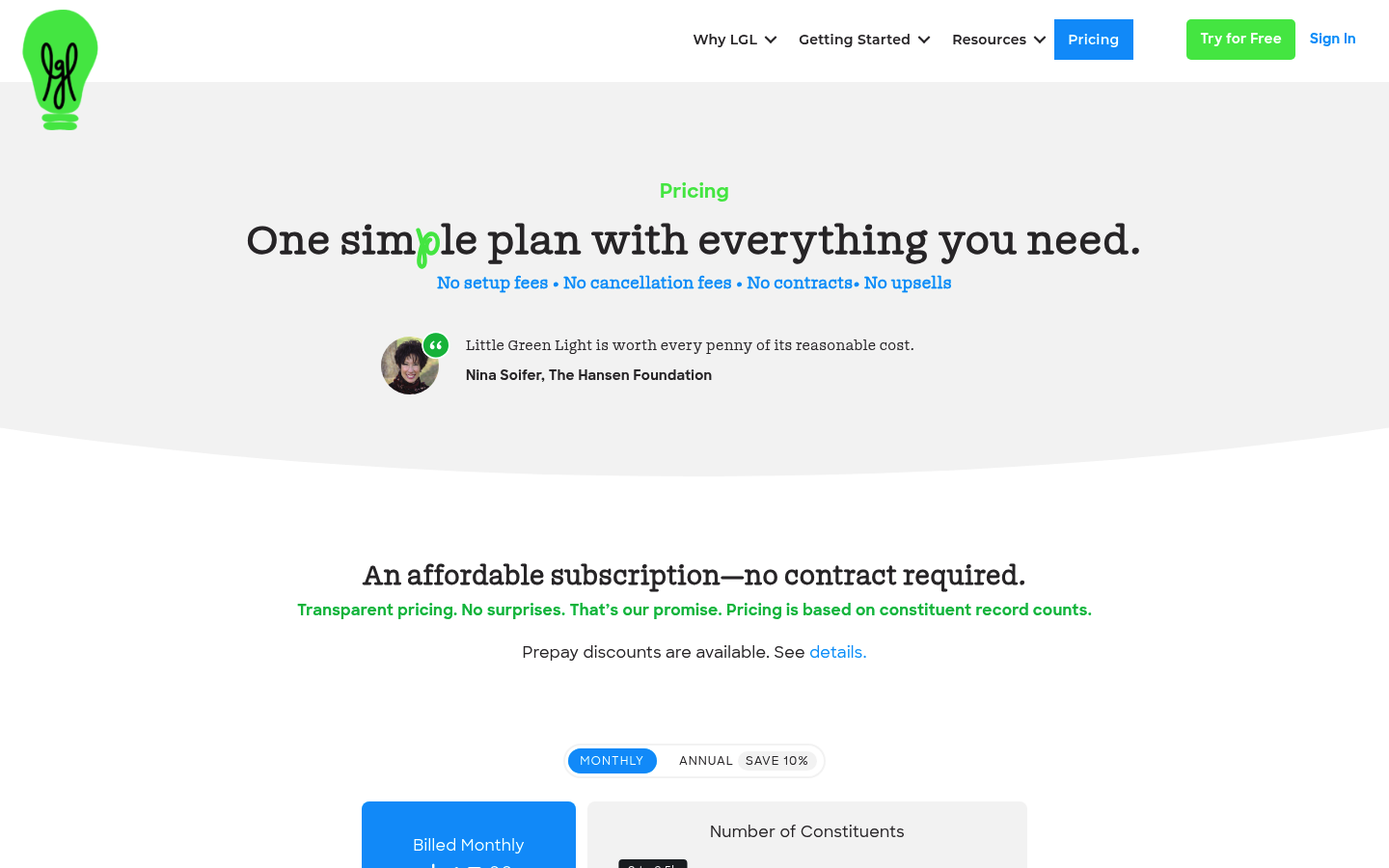 Screenshot of Little Green Light's pricing page showing its plans and prices