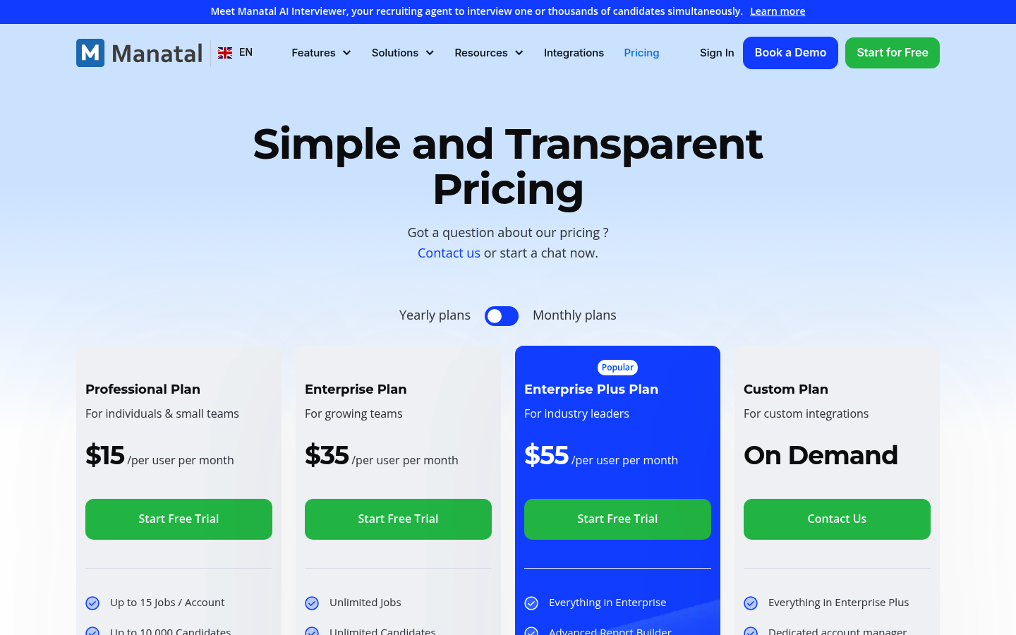 Screenshot of Manatal's pricing page showing its plans and prices