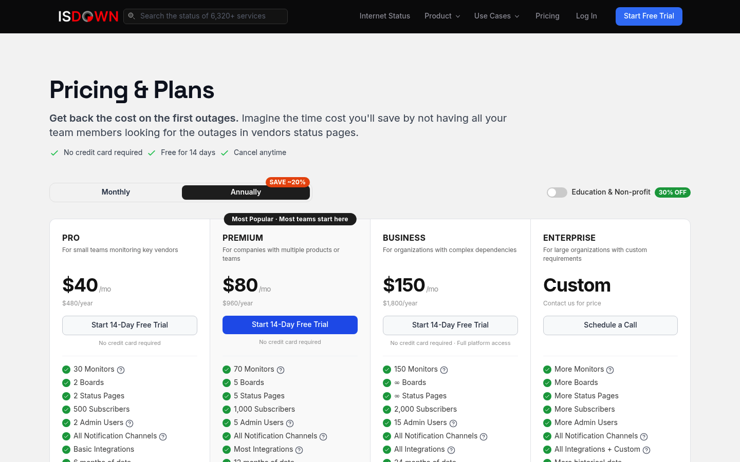 Screenshot of IsDown's pricing page showing its plans and prices