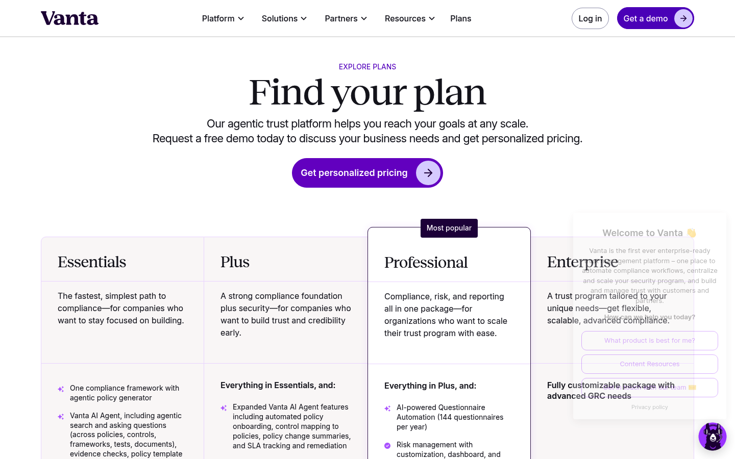 Screenshot of Vanta's pricing page showing its plans and prices