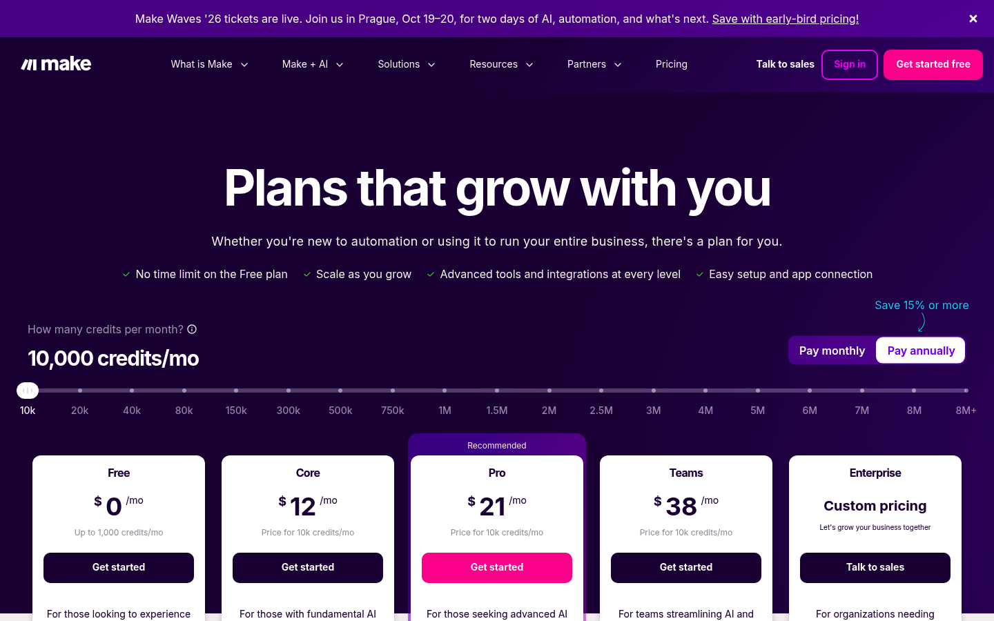 Screenshot of Make's pricing page showing its plans and prices