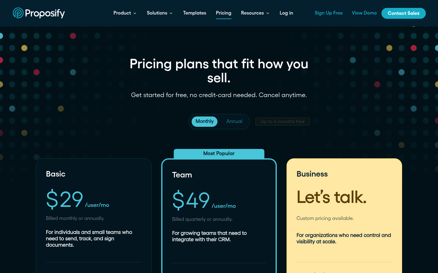 Screenshot of Proposify's pricing page showing its plans and prices