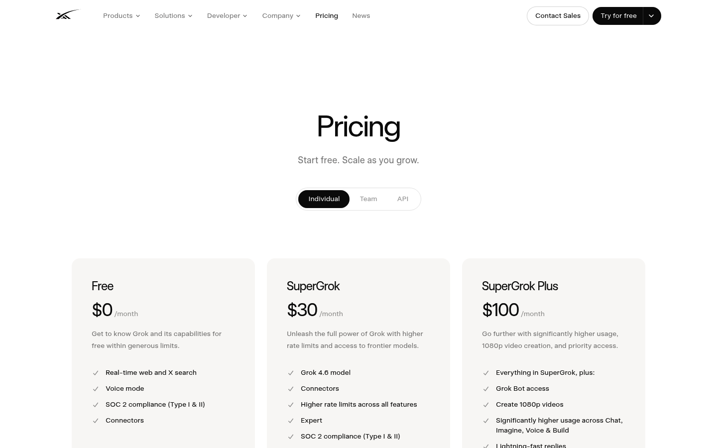 Screenshot of Grok's pricing page showing its plans and prices