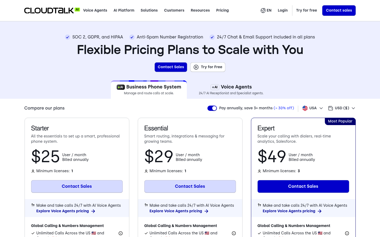 Screenshot of CloudTalk's pricing page showing its plans and prices