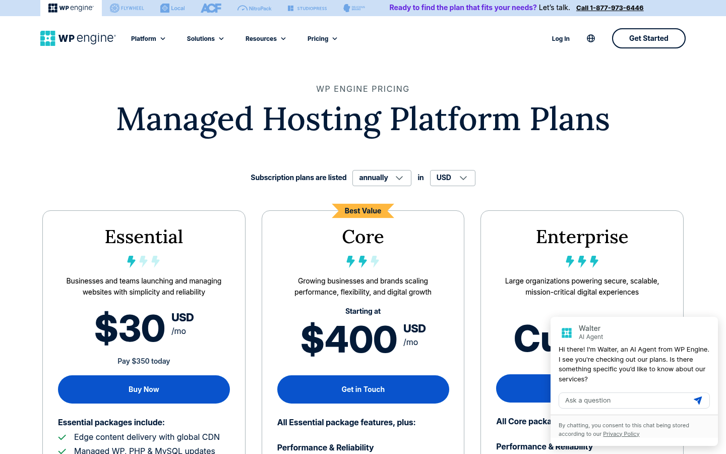 Screenshot of WP Engine's pricing page showing its plans and prices