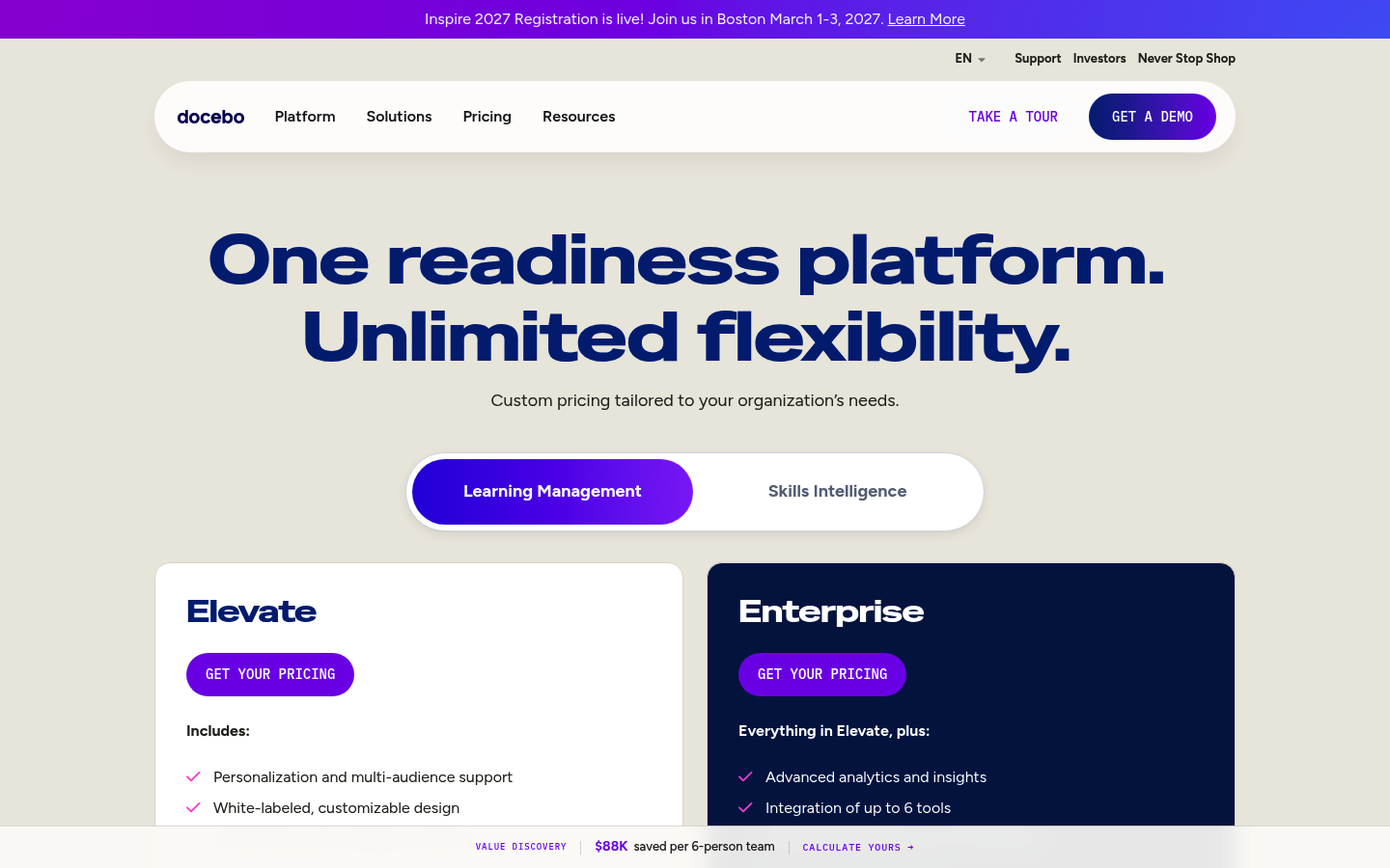 Screenshot of Docebo's pricing page showing its plans and prices
