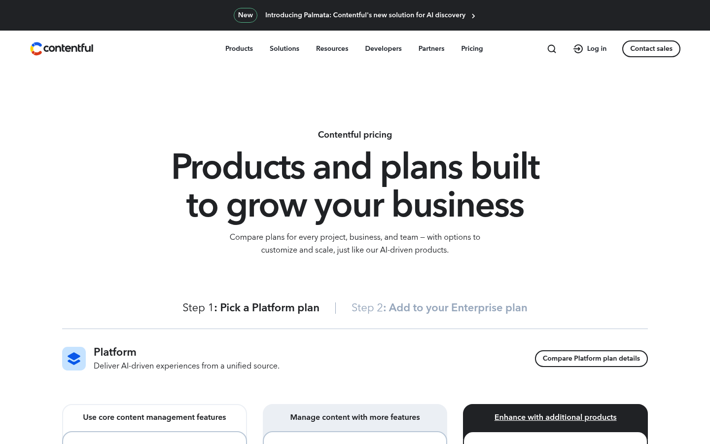 Screenshot of Contentful's pricing page showing its plans and prices