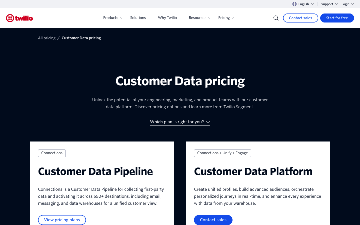 Screenshot of Segment's pricing page showing its plans and prices