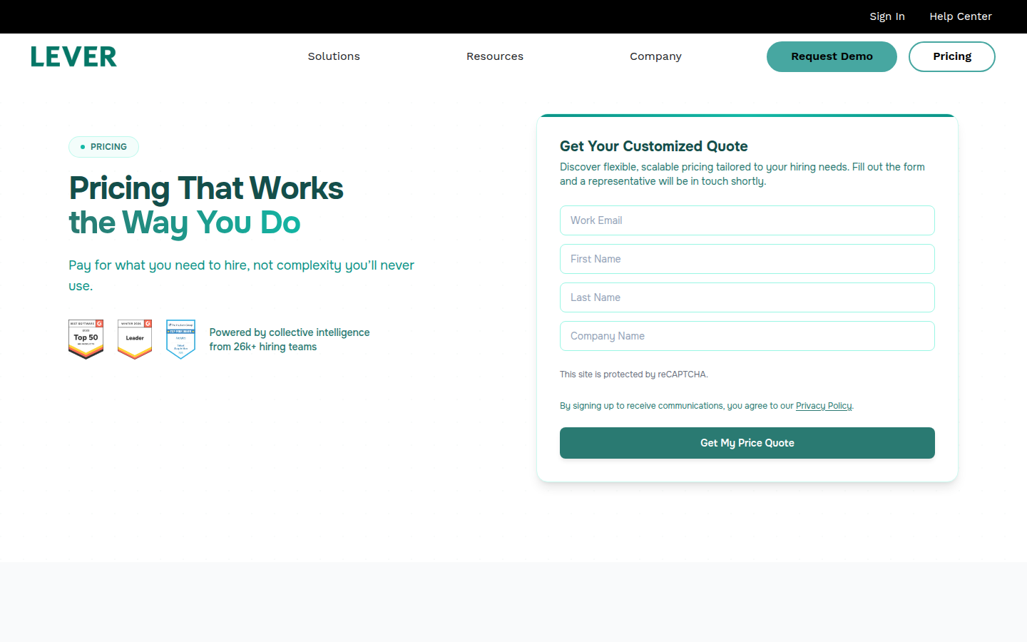 Screenshot of Lever's pricing page showing its plans and prices